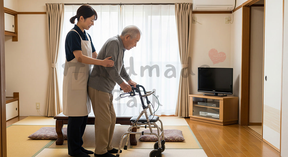 フリー素材 無料 写真|訪問介護ヘルパーがシルバーカーで高齢者の立ち上がりを介助するリビングの様子 余白あり