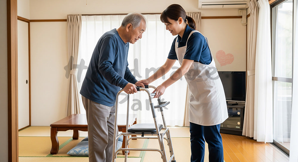 フリー素材 無料 写真|訪問介護ヘルパーがシルバーカーで高齢者の立ち上がりを介助するリビングの様子 背景素材