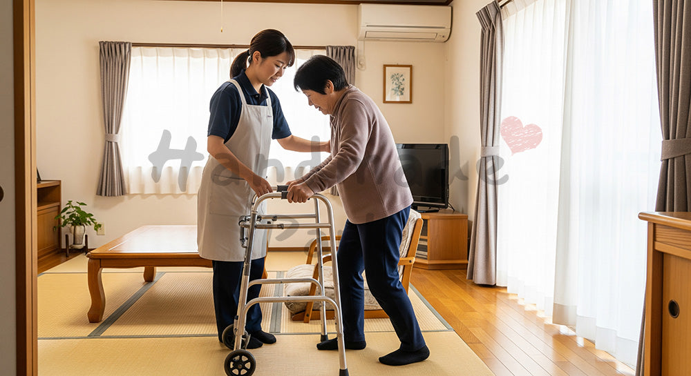 フリー素材 無料 写真|訪問介護ヘルパーがシルバーカーで高齢者の立ち上がりを介助するリビングの様子