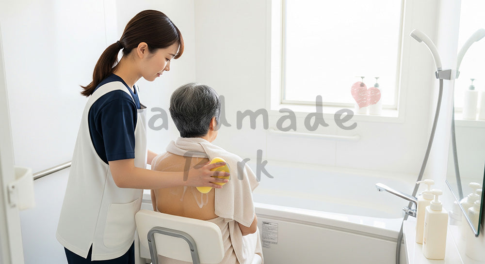 フリー素材 無料 写真|シャワーチェアで高齢者の入浴介助を行う訪問介護ヘルパー