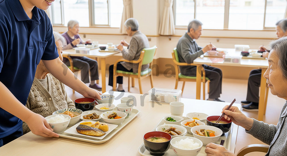 フリー素材 無料 写真|デイサービス食堂で高齢者に食事を配膳する介護スタッフ 背景素材