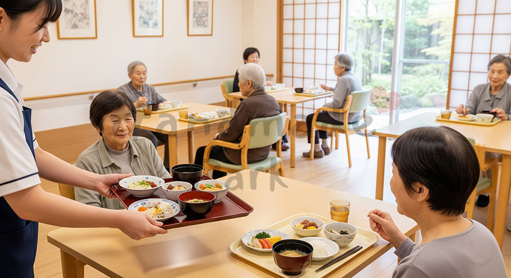 フリー素材 無料 写真|デイサービス食堂で高齢者に食事を配膳する介護スタッフ