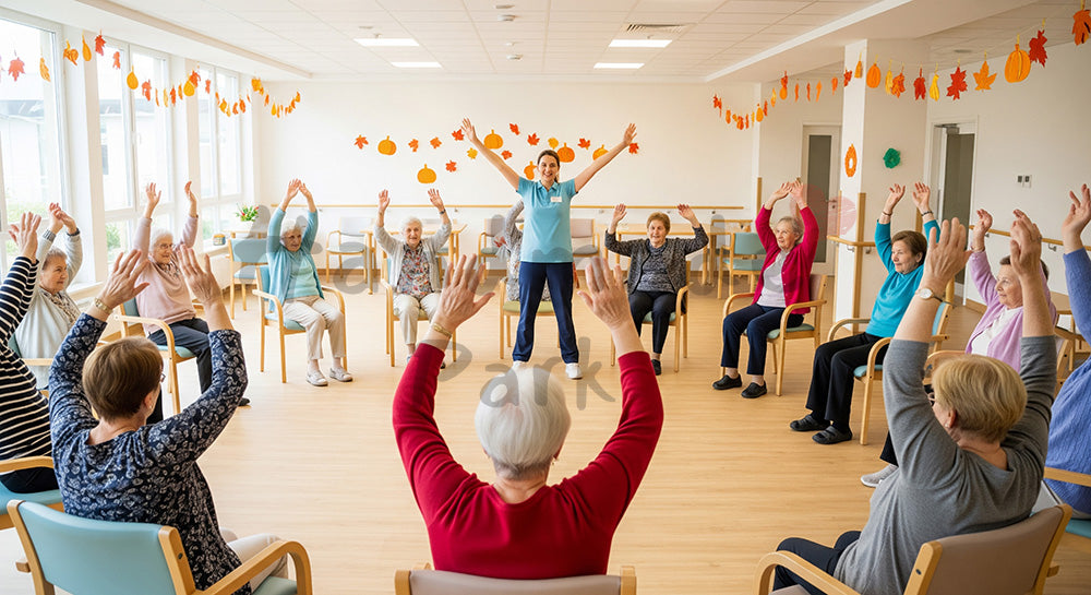 フリー素材 無料 写真|椅子に座って体操をする外国人の高齢者と外国人のデイサービス介護スタッフ 写真背景