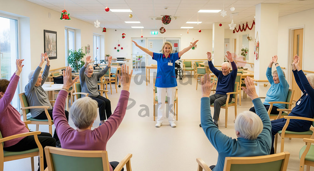 フリー素材 無料 写真|椅子に座って体操をする外国人の高齢者と外国人のデイサービス介護スタッフ 背景素材