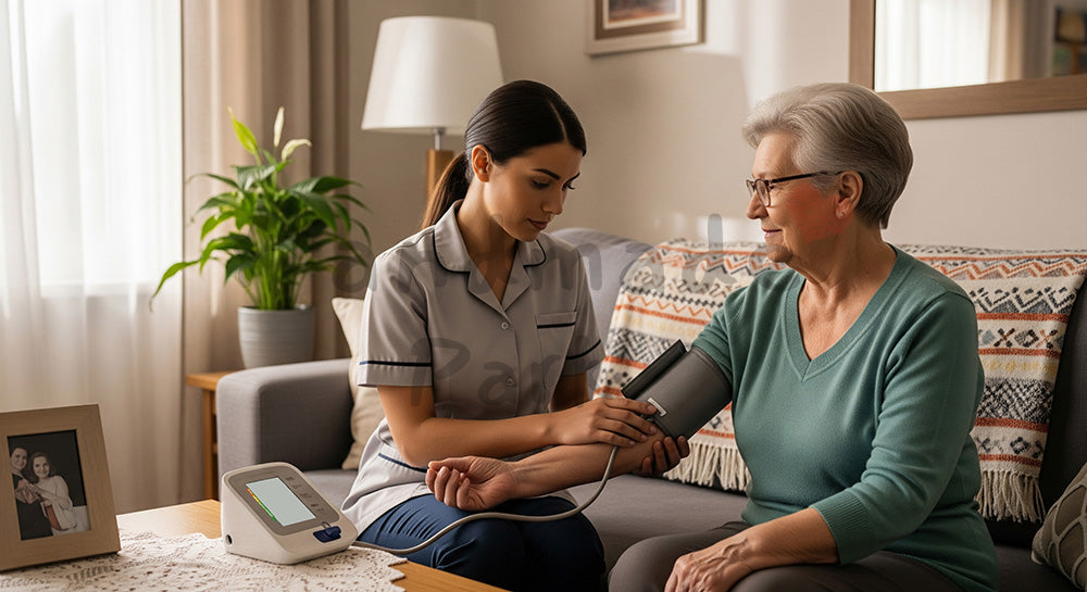 フリー素材 無料 写真|外国人の訪問介護ヘルパーが自宅で外国人の高齢者の血圧を測定する様子 背景素材