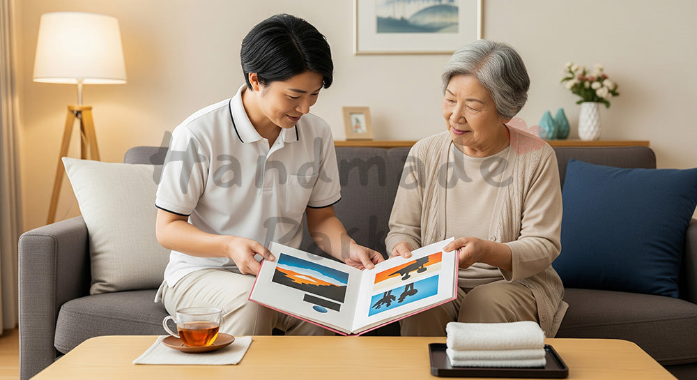 フリー素材 無料 写真|写真アルバムを見ながら穏やかに会話する介護スタッフと高齢者 写真背景