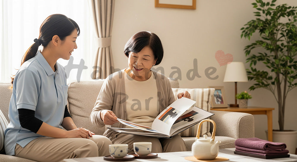 フリー素材 無料 写真|写真アルバムを見ながら穏やかに会話する介護スタッフと高齢者 背景素材
