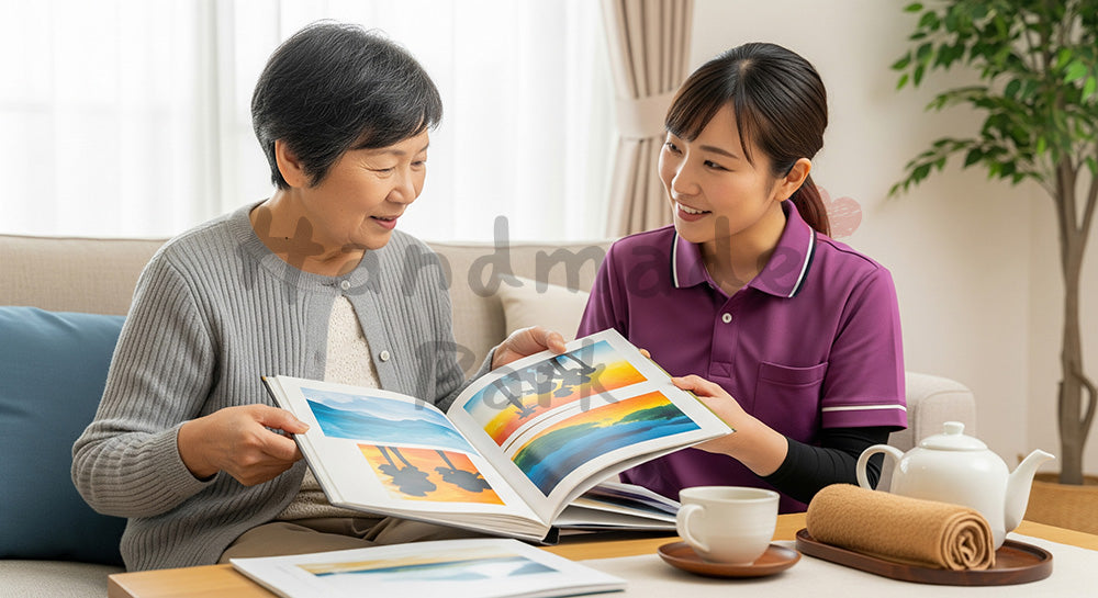 フリー素材 無料 写真|写真アルバムを見ながら穏やかに会話する介護スタッフと高齢者