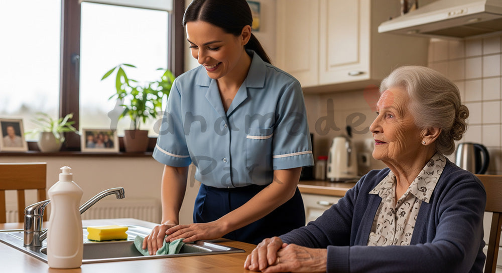 フリー素材 無料 写真|自宅キッチンで掃除や片づけを行う外国人の訪問介護ヘルパーと外国人の高齢者 写真背景
