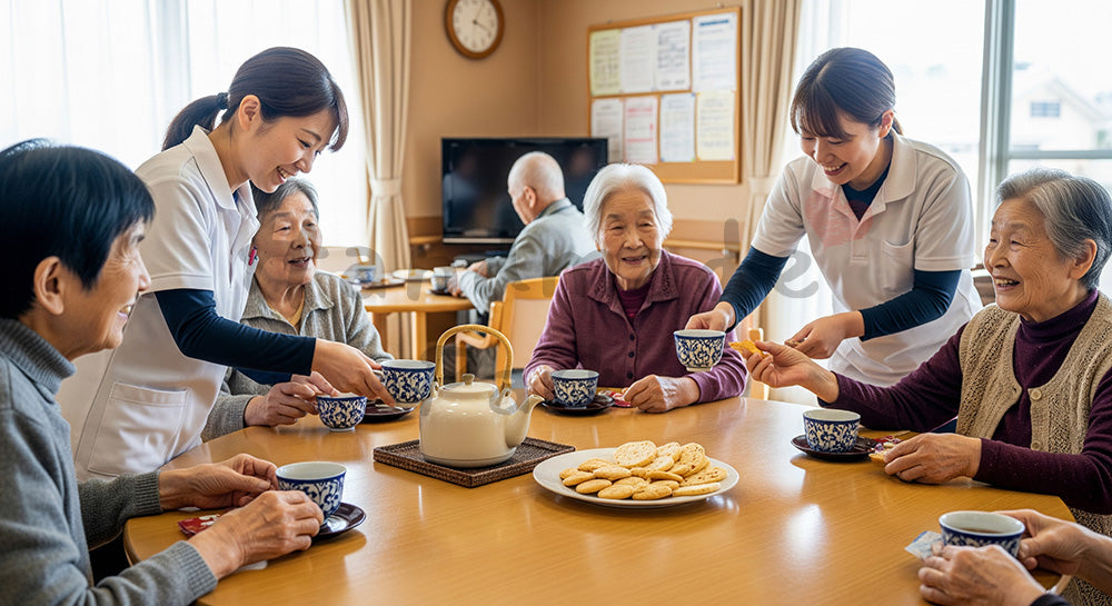 フリー素材 無料 写真|グループホーム風の食堂でお茶を楽しむ高齢者と介護スタッフ