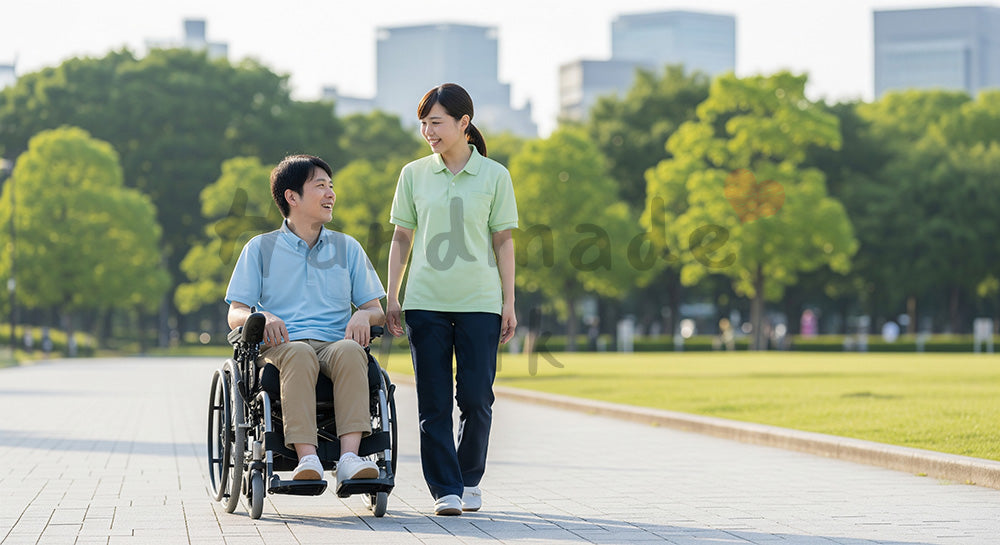 フリー素材 無料 写真|電動車いす利用者と並んで歩きながら会話する介護スタッフ 背景素材
