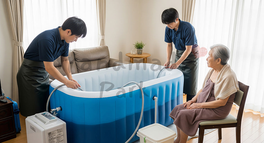 フリー素材 無料 写真|訪問入浴サービスの準備をするスタッフと自宅リビングの高齢者 背景素材