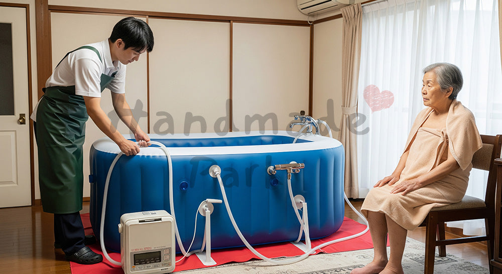 フリー素材 無料 写真|訪問入浴サービスの準備をするスタッフと自宅リビングの高齢者