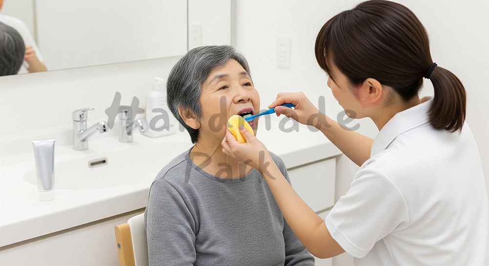 フリー素材 無料 写真|洗面所で高齢者の口腔ケアを行う介護スタッフ 余白あり