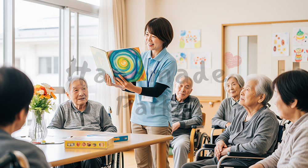 フリー素材 無料 写真|デイサービスで絵本の読み聞かせを楽しむ高齢者と介護スタッフ 余白あり