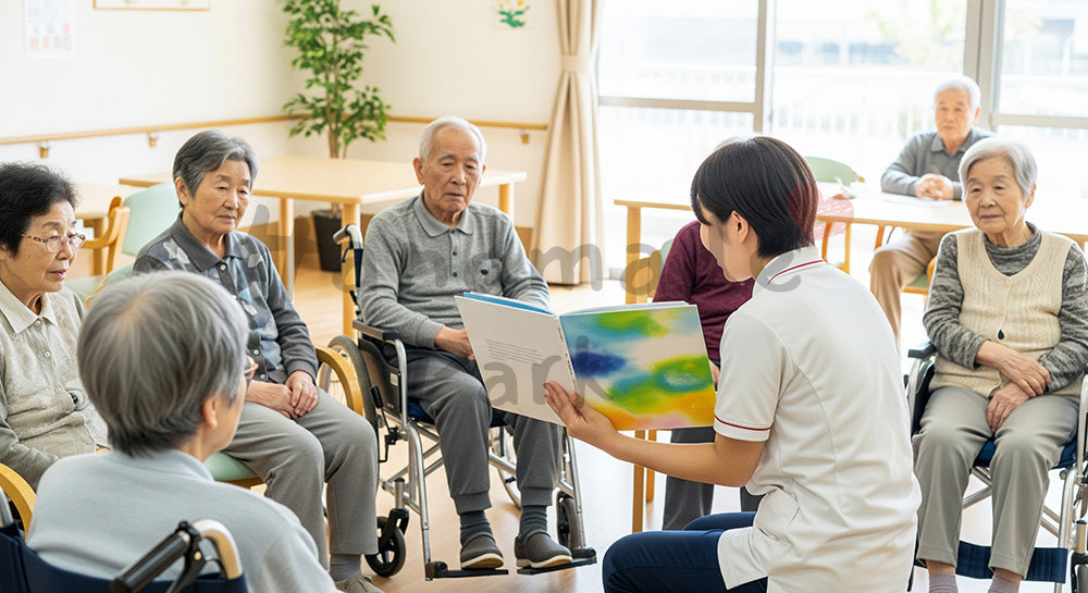 フリー素材 無料 写真|デイサービスで絵本の読み聞かせを楽しむ高齢者と介護スタッフ 写真背景