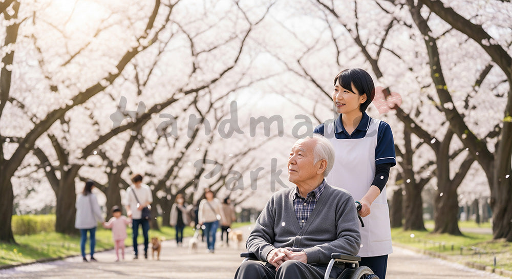フリー素材 無料 写真|桜並木の公園を車いすの高齢者と散歩する介護スタッフ