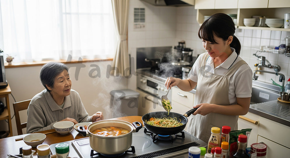 フリー素材 無料 写真|自宅キッチンで高齢者のための食事を調理する訪問介護ヘルパー 余白あり