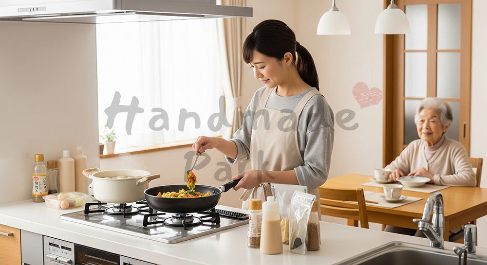 フリー素材 無料 写真|自宅キッチンで高齢者のための食事を調理する訪問介護ヘルパー 写真背景