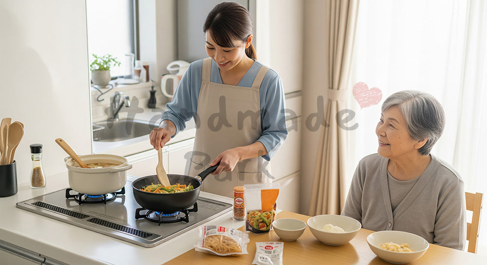 フリー素材 無料 写真|自宅キッチンで高齢者のための食事を調理する訪問介護ヘルパー 背景素材