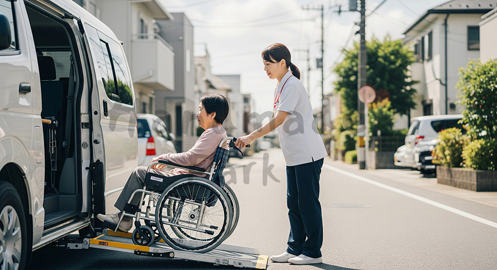 フリー素材 無料 写真|福祉車両のスロープを使って車いすの高齢者を乗車させる介護スタッフ 余白あり