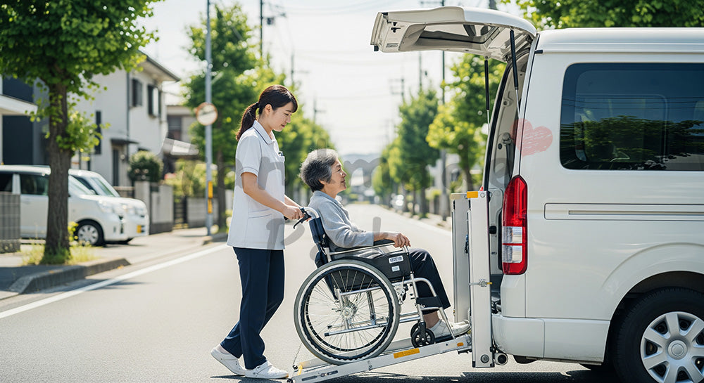 フリー素材 無料 写真|福祉車両のスロープを使って車いすの高齢者を乗車させる介護スタッフ 背景素材