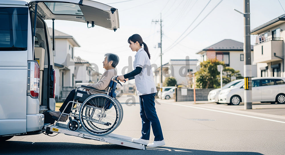 フリー素材 無料 写真|福祉車両のスロープを使って車いすの高齢者を乗車させる介護スタッフ
