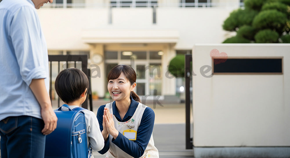 フリー素材 無料 写真|登園時に園児へ笑顔であいさつする日本人保育士