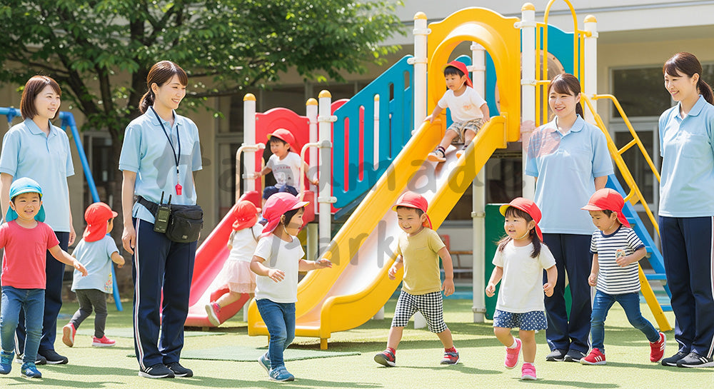 フリー素材 無料 写真|園庭で遊ぶ園児たちを安全に見守る日本人保育士 余白あり