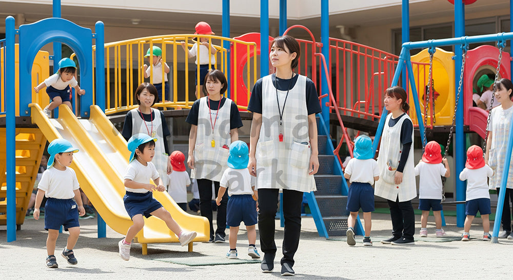 フリー素材 無料 写真|園庭で遊ぶ園児たちを安全に見守る日本人保育士