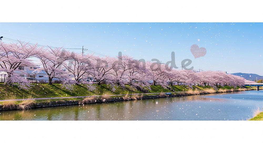 フリー素材 無料 写真|青空と桜吹雪が川沿いに舞う春の横長風景、ロゴや文字のないバナー向け高品質コピースペース背景写真 デザイナー向け