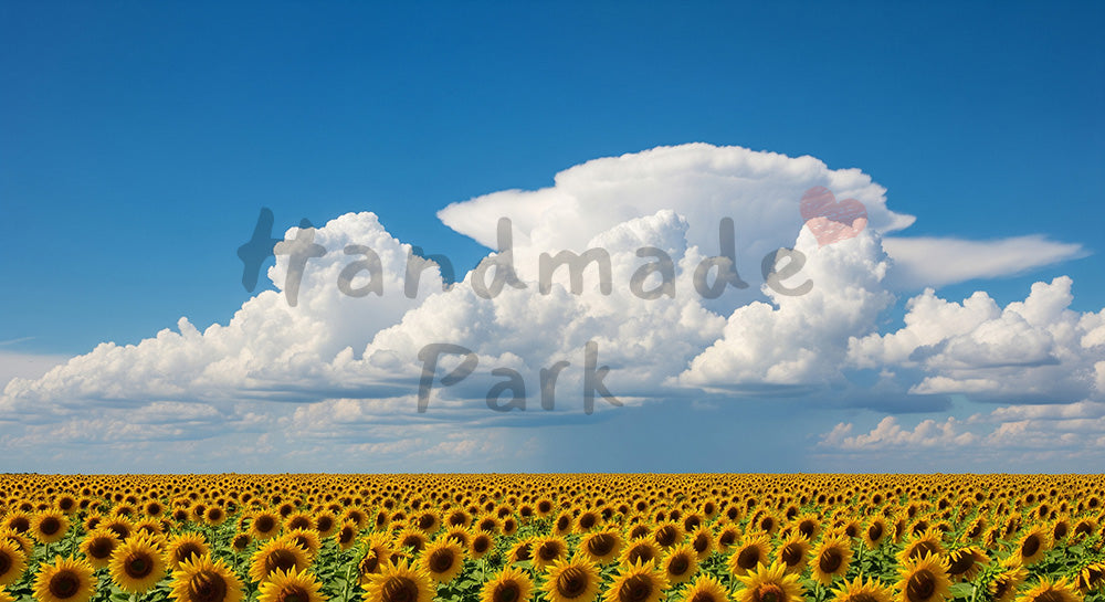 フリー素材 無料 写真|入道雲がそびえる青空とひまわり畑の夏景色、季節キャンペーンやポスターに最適な横長バックグラウンド デザイナー向け 背景素材