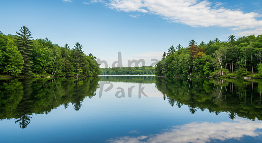 フリー素材 無料 写真|青空と雲が湖面に反射する夏の静かな自然風景、癒し系デザインに合う横長バックグラウンド写真 デザイナー向け 一枚