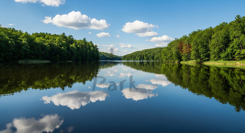 フリー素材 無料 写真|青空と雲が湖面に反射する夏の静かな自然風景、癒し系デザインに合う横長背景写真 デザイナー向け 一枚