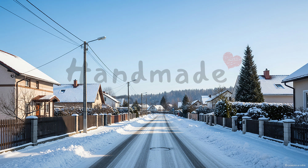 フリー素材 無料 写真|雪の住宅街と快晴の青空が静かに広がる冬の日常風景、汎用性の高い横長バックグラウンド素材 デザイナー向け 一枚