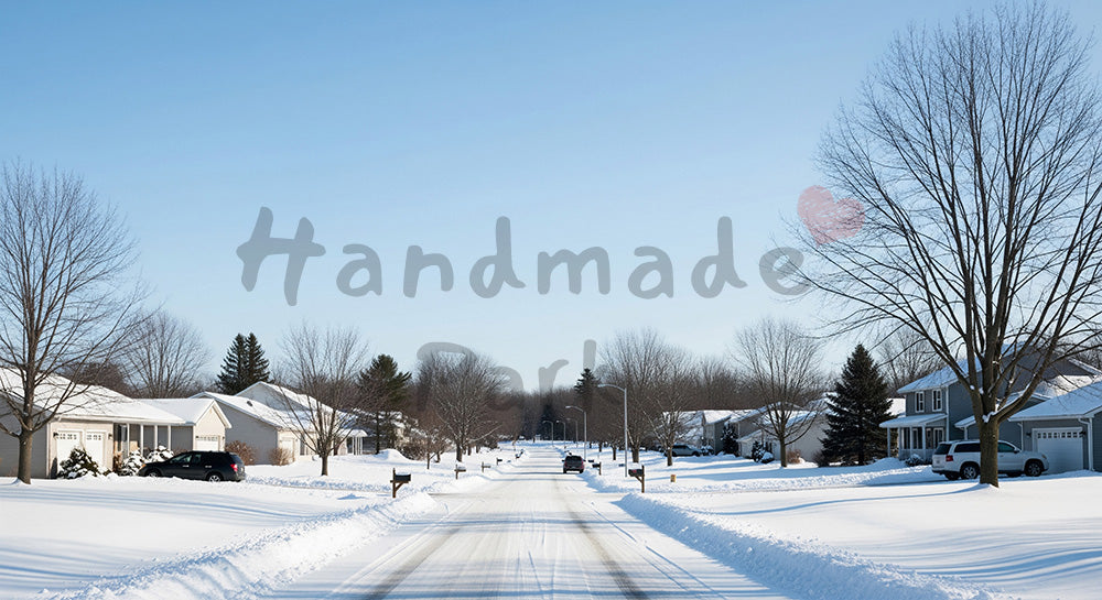 フリー素材 無料 写真|雪の住宅街と快晴の青空が静かに広がる冬の日常風景、汎用性の高い横長背景素材 デザイナー向け 一枚