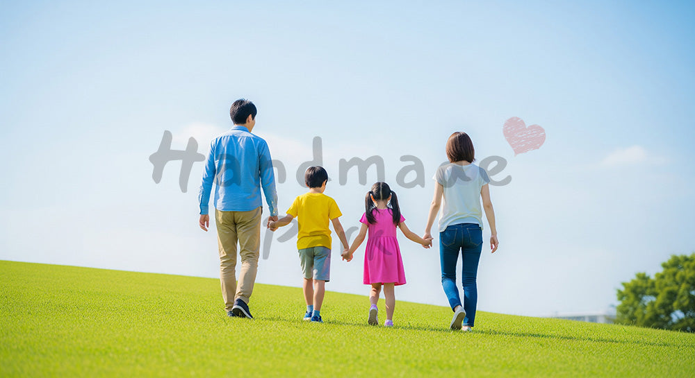 フリー素材 無料 写真|手をつなぐ温かな休日シーンのある青空の丘を歩く日本人家族の後ろ姿