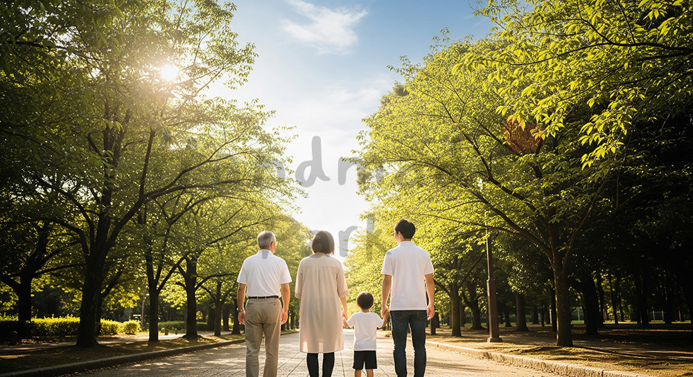 フリー素材 無料 写真|青空の公園を歩く日本人3世代家族の後ろ姿、世代をつなぐ温かな散歩 コピースペースあり