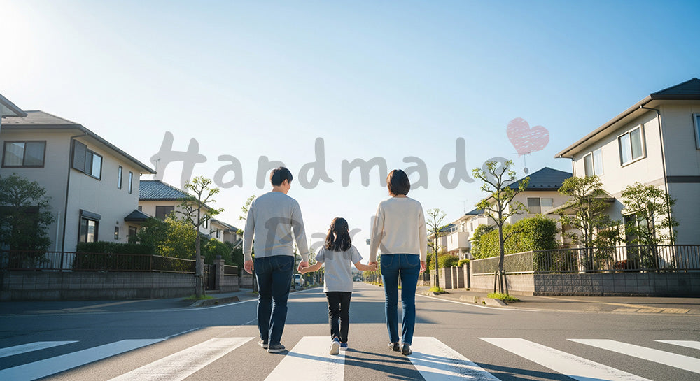 フリー素材 無料 写真|日常の安全と温かな暮らしのある青空の下で手をつないで歩く日本人家族の後ろ姿