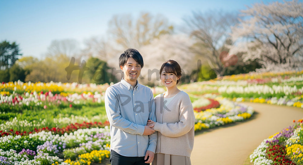 フリー素材 無料 写真|花の小道で微笑む日本人カップル(正面) 背景素材