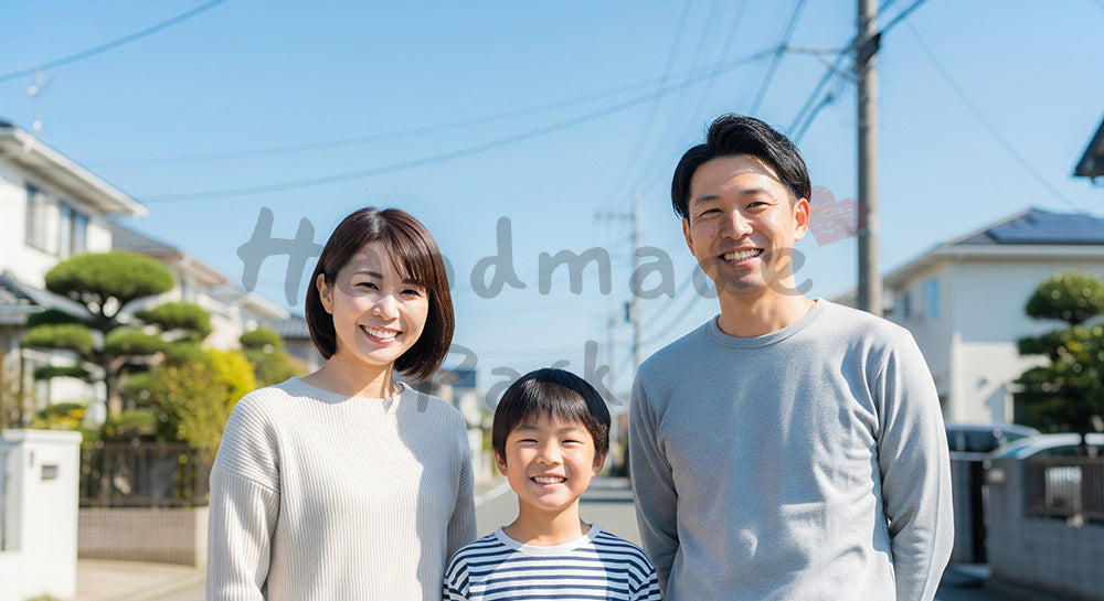 フリー素材 無料 写真|住宅街と青い空の日本人家族(正面)