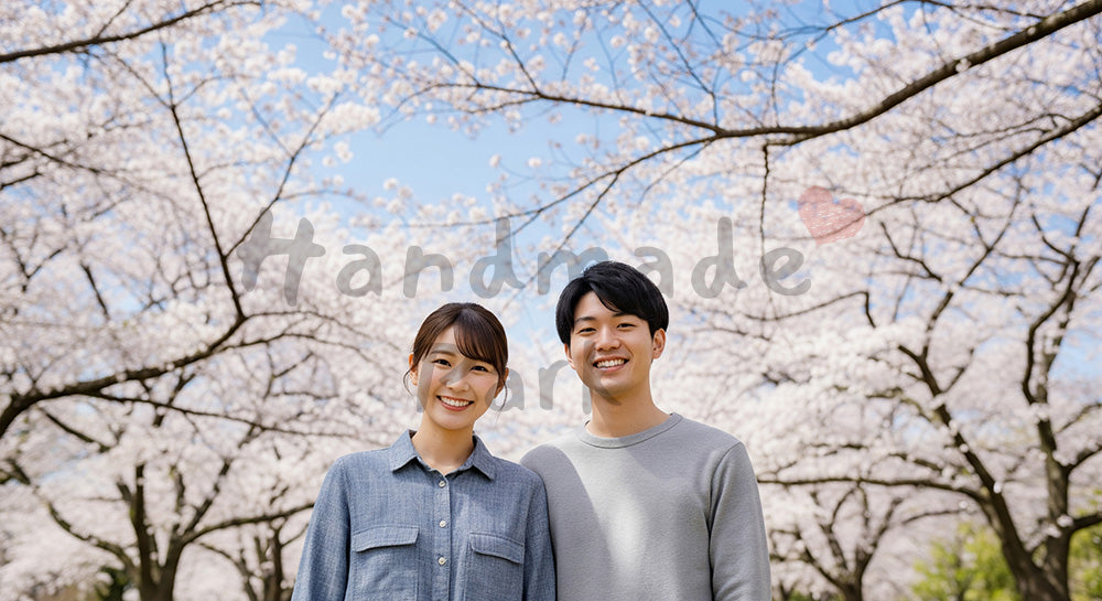フリー素材 無料 写真|桜と青空で微笑む日本人カップル(正面) 背景素材