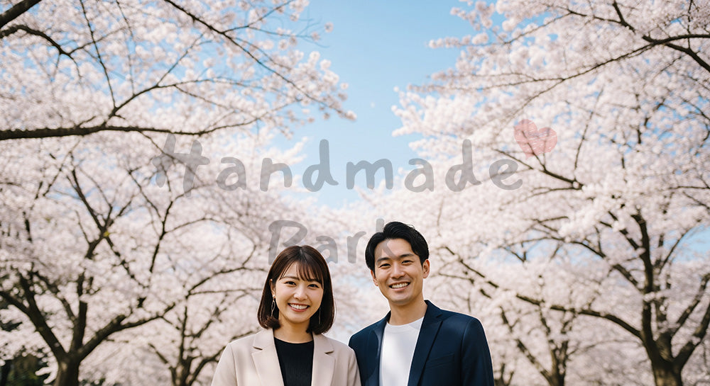 フリー素材 無料 写真|桜と青い空で微笑む日本人カップル(正面)