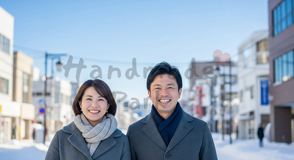フリー素材 無料 写真|雪の街と青い空で微笑む日本人カップル(正面)