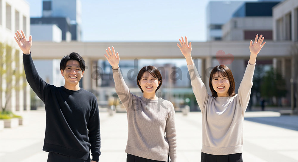 フリー素材 無料 写真|手を挙げて喜ぶ日本人同僚(正面) 余白あり