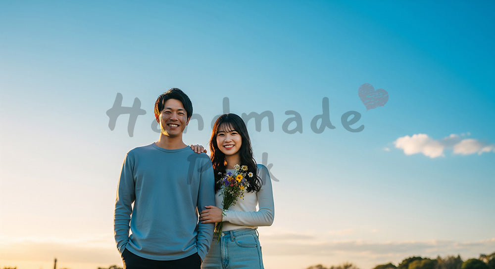 フリー素材 無料 写真|青空の大きなスペースと日本人カップル(正面)