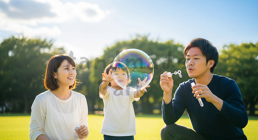 フリー素材 無料 写真|さわやかな公園の芝生でシャボン玉を楽しむ日本人家族、透明感のある休日写真