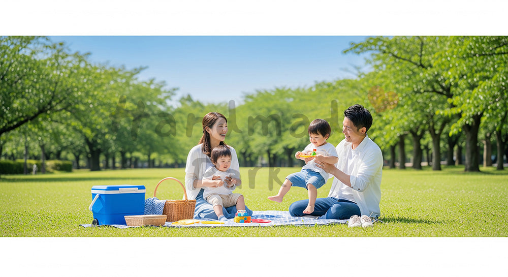 フリー素材 無料 写真|明るい公園の芝生でピクニック気分を楽しむ日本人家族、休日ライフスタイル写真