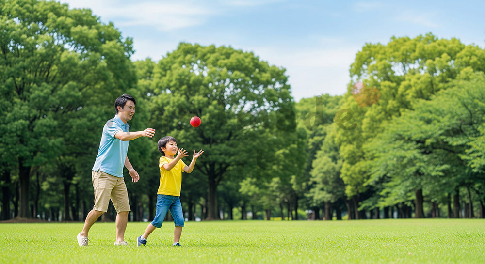 フリー素材 無料 写真|晴れた公園の芝生でキャッチボールをする日本人親子、健康的な休日写真