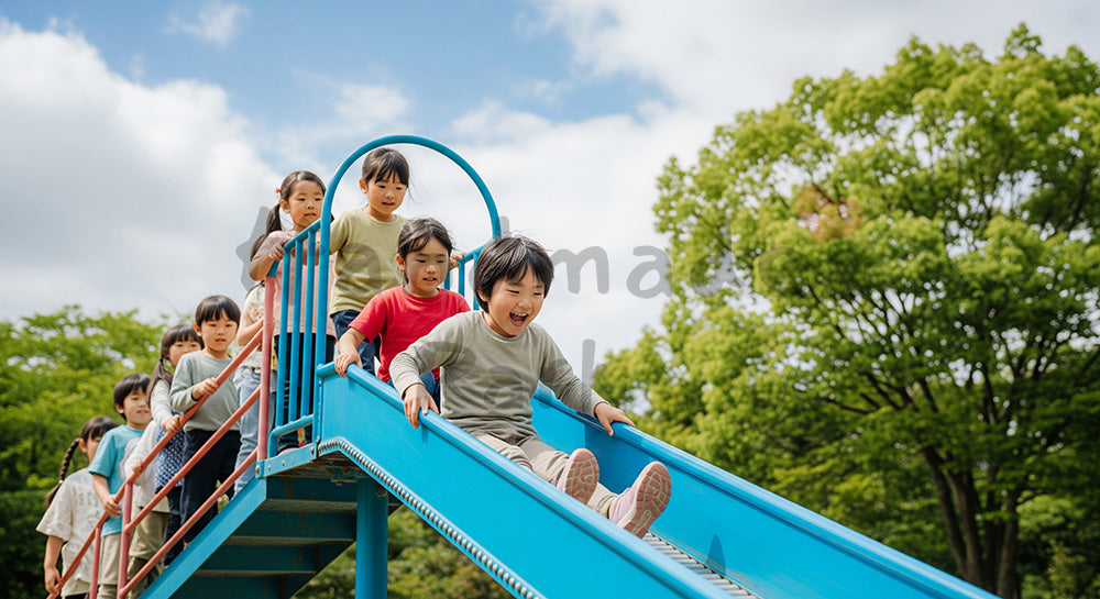 フリー素材 無料 写真|晴れた公園のすべり台で遊ぶ日本人の子どもたち、明るく清潔感のある写真